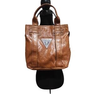 Guess bucket purse, brown with short handles, clean, several pockets inside